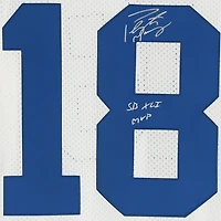 Maillot authentique Mitchell & Ness blanc autographié par Peyton Manning (Indianapolis Colts) lors du Super Bowl, avec inscription « SB XLI MVP ».