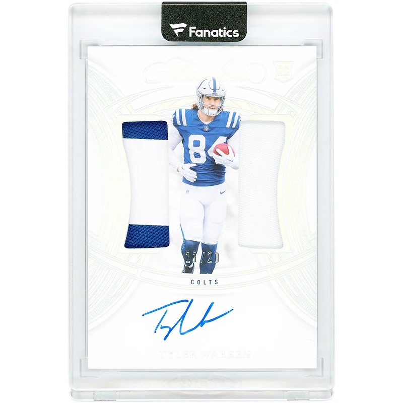 Tyler Warren Indianapolis Colts Autographed 2025 Panini Flawless Holo Silver Rookie Dual Patch Dual-Color Relics #RDPA-TWN #11/20 Rookie Card