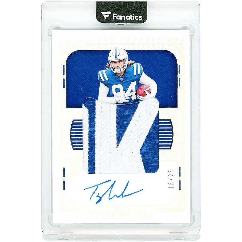 Carte de recrue autographiée de Tyler Warren (Indianapolis Colts) 2025 Panini National Treasures Treasured Impressions Relic #RTI-TWN #16/25