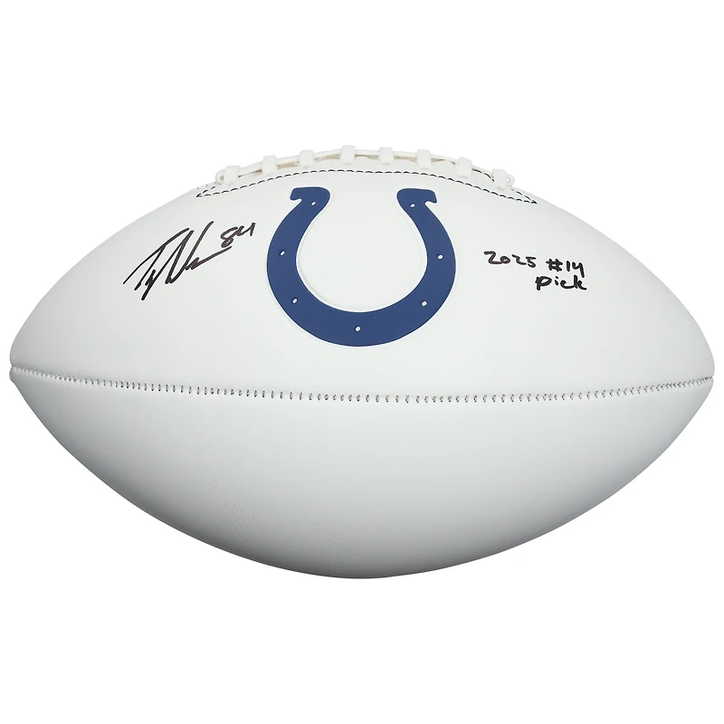Ballon de football américain Franklin White Panel autographié par Tyler Warren (Indianapolis Colts) avec inscription « Choix n° 14 de la saison 2025 ».