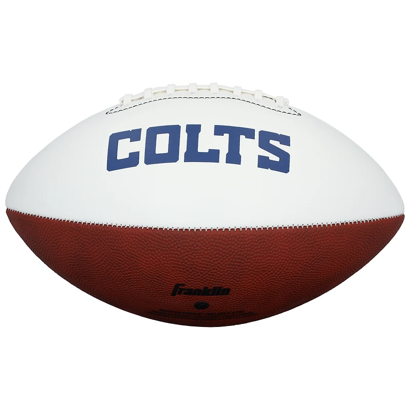 Ballon de football américain Franklin White Panel autographié par Tyler Warren (Indianapolis Colts) avec inscription « Choix n° 14 de la saison 2025 ».