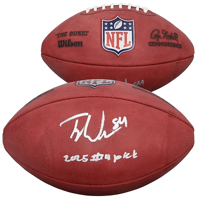 Ballon de football américain Duke en couleur, autographié par Tyler Warren (Indianapolis Colts), avec inscription « 14e choix de la draft 2025 ».