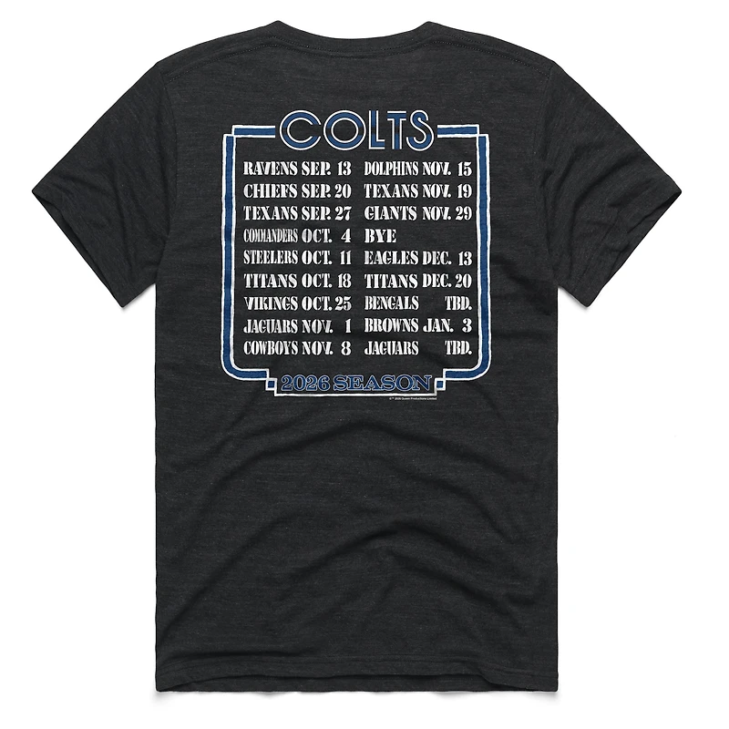 Unisex Homage Charcoal Indianapolis Colts 2026 NFL Schedule Queen Tri-Blend T-Shirt