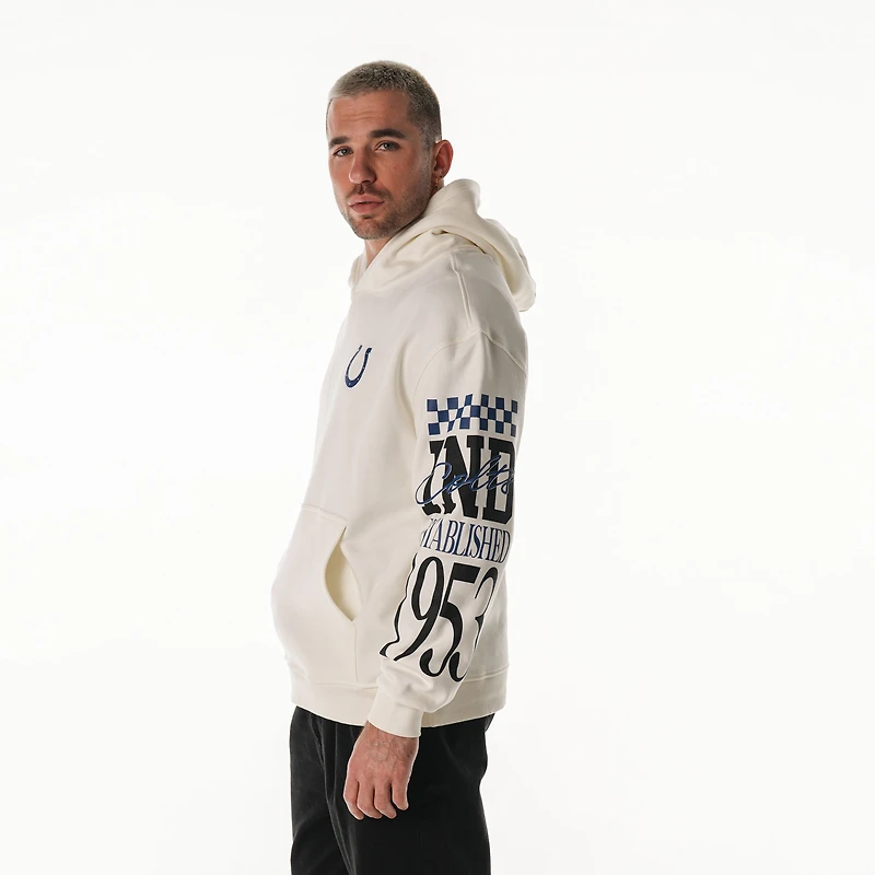 Sweat à capuche unisexe en polaire manches graphiques empilées, couleur crème, des Indianapolis Colts de The Wild Collective