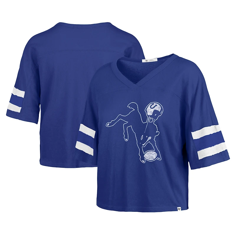 Women's '47 Royal Indianapolis Colts Double Header Scout Cropped V-Neck T-Shirt