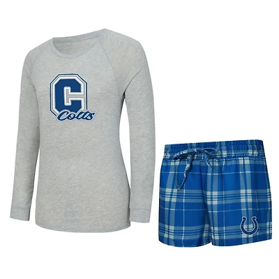 Women's Concepts Sport  Heather Gray/Royal Indianapolis Colts Regulate Plaid Long-Sleeve T-Shirt & Shorts Sleep Set