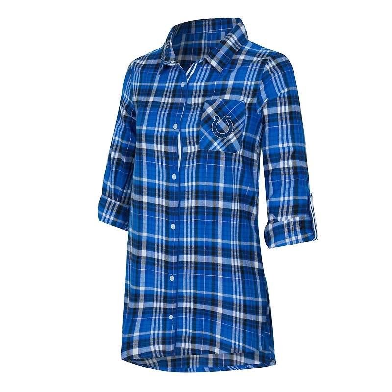 Women's Concepts Sport Royal Indianapolis Colts Laney Plaid Tri-Blend Full-Button Nightshirt