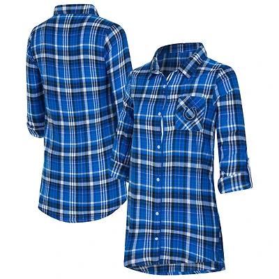 Women's Concepts Sport Royal Indianapolis Colts Laney Plaid Tri-Blend Full-Button Nightshirt