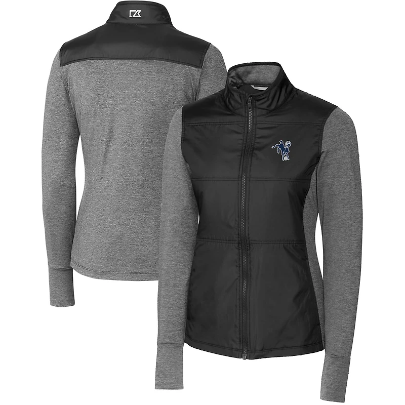 Veste coupe-vent matelassée zippée intégrale Cutter & Buck noire pour femme, ornée du logo rétro des Indianapolis Colts.