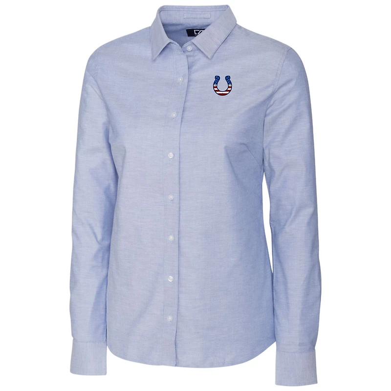Chemise à manches longues boutonnée en tissu Oxford stretch bleu clair Cutter & Buck pour femme, modèle Indianapolis Colts.