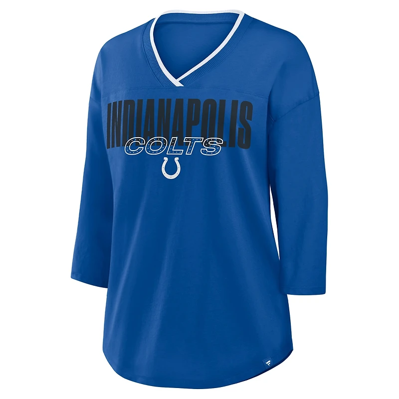 T-shirt à manches 3/4 et col en V Fanatics Royal Indianapolis Colts pour femmes, grande taille, motif Deceptive Juke