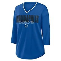T-shirt à manches 3/4 et col en V Fanatics Royal Indianapolis Colts pour femmes, grande taille, motif Deceptive Juke