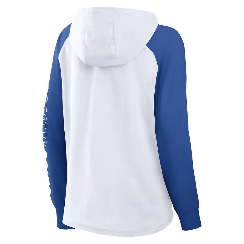Sweat à capuche zippé raglan blanc/bleu royal Indianapolis Colts Cornerback Blitz pour femme (Fanatics)