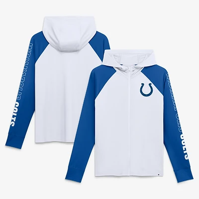 Sweat à capuche zippé raglan blanc/bleu royal Indianapolis Colts Cornerback Blitz pour femme (Fanatics)