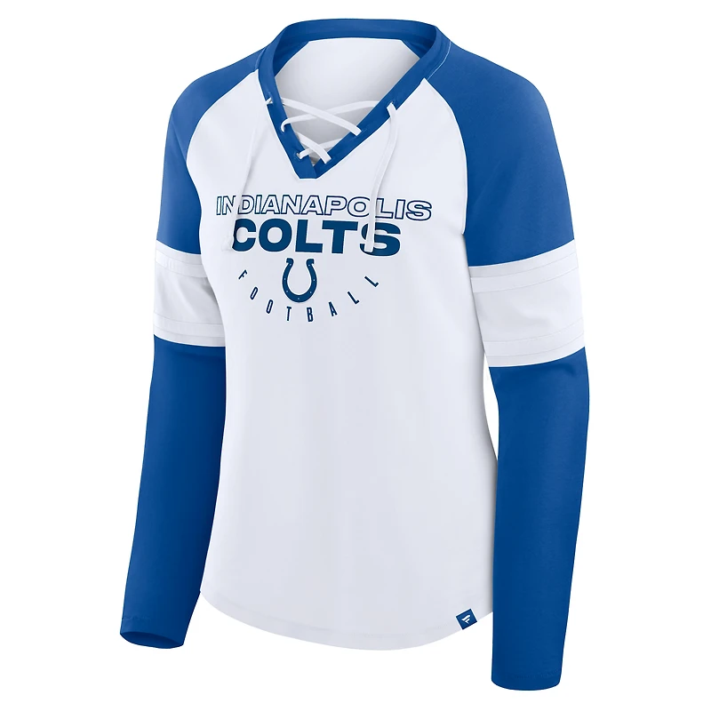 T-shirt à manches longues et col en V lacets pour femme, blanc/bleu royal, motif Redzone Blitz Package, Indianapolis Colts