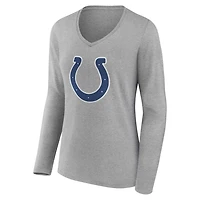 T-shirt à manches longues et col en V gris authentique pour femme, Indianapolis Colts, avec nom numéro personnalisés
