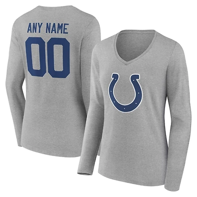 T-shirt à manches longues et col en V gris authentique pour femme, Indianapolis Colts, avec nom numéro personnalisés
