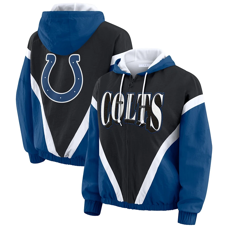 Veste coupe-vent à capuche entièrement zippée et froissée rétro grande taille pour femme WEAR by Erin Andrews, noir/bleu royal, Indianapolis Colts