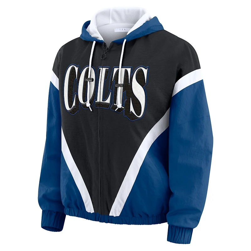Women's WEAR by Erin Andrews Black/Royal Indianapolis Colts Plus Retro Crinkle Full-Zip Hoodie Windbreaker Jacket