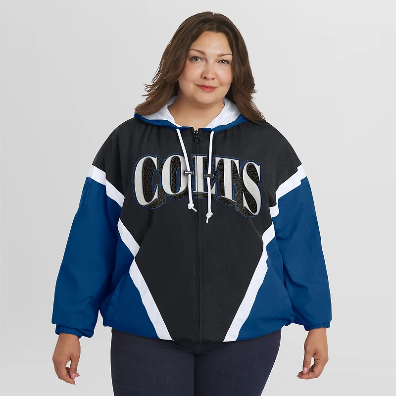 Women's WEAR by Erin Andrews Black/Royal Indianapolis Colts Plus Retro Crinkle Full-Zip Hoodie Windbreaker Jacket