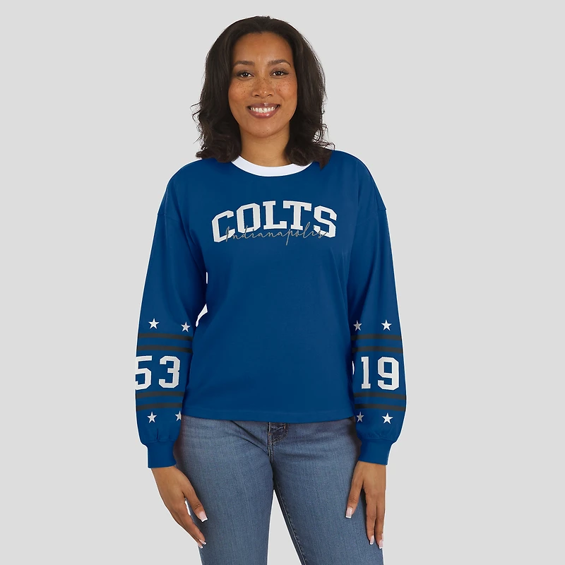 T-shirt de sport à manches longues Royal Indianapolis Colts pour femme WEAR by Erin Andrews