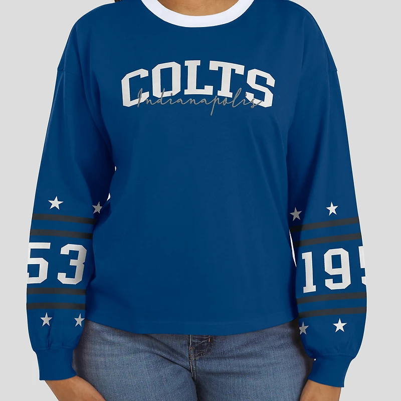 T-shirt de sport à manches longues Royal Indianapolis Colts pour femme WEAR by Erin Andrews