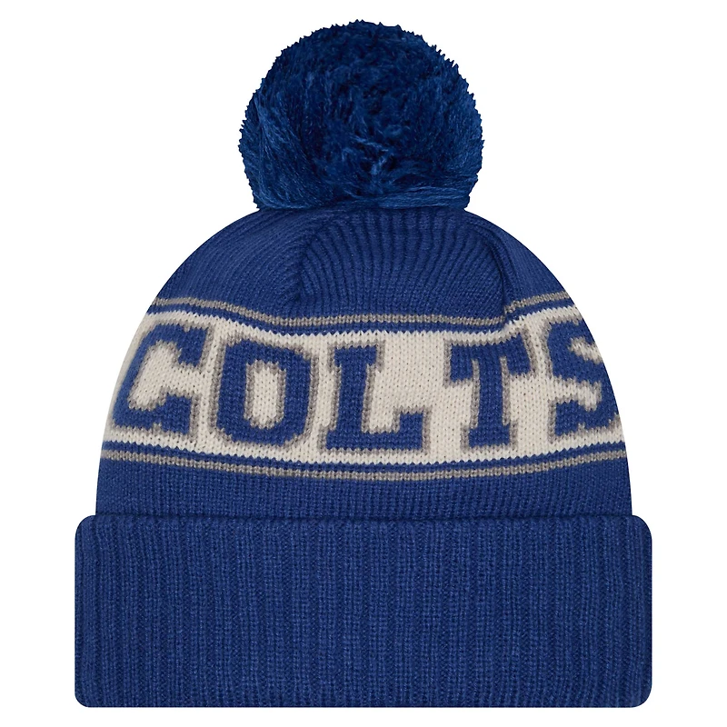 Bonnet en tricot à revers rétro avec pompon pour jeunes New Era Royal Indianapolis Colts