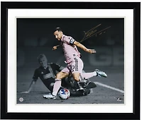 Lionel Messi Inter Miami CF Autographed 16" x 20" Pink Jersey Dribbling Spotlight Photograph - Icons