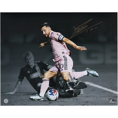 Lionel Messi Inter Miami CF Autographed 16" x 20" Pink Jersey Dribbling Spotlight Photograph - Icons