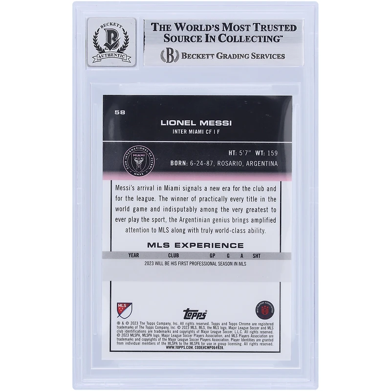 Lionel Messi Inter Miami CF Autographed 2023 Topps Chrome MLS #58 BAS Authenticated 9/10 Card