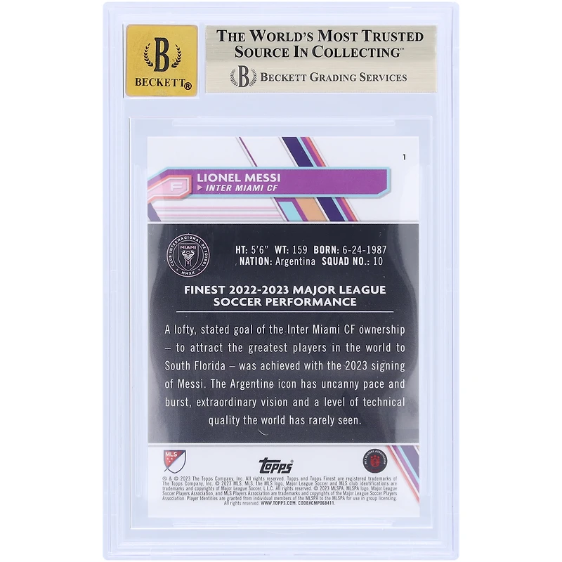 Lionel Messi Inter Miami CF Autographed 2023 Topps Finest MLS #1 BAS Authenticated /10 Card