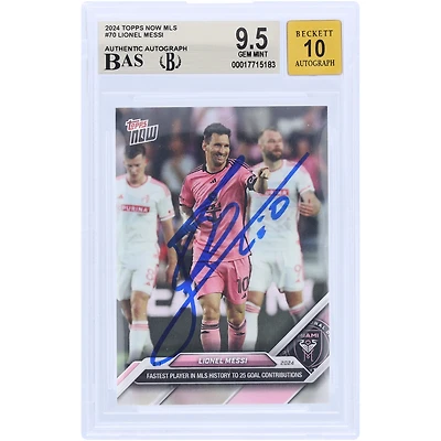 Lionel Messi Inter Miami CF Autographed 2024 Topps Now MLS Fastest Player in MLS History To 25 Goal Contributions #70 BAS Authenticated 9.5/10 Card