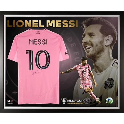 Lionel Messi Inter Miami CF Autographed Framed 2025 MLS Cup Champions Pink adidas Jersey Collage