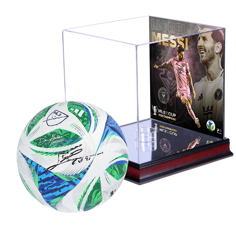 Lionel Messi Inter Miami CF Autographed MLS Soccer Ball with 2025 MLS Cup Champions Sublimated Mahogany Display Case