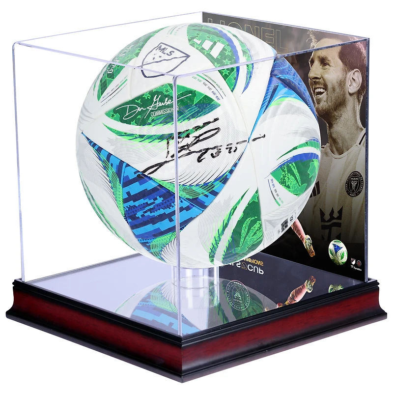 Lionel Messi Inter Miami CF Autographed MLS Soccer Ball with 2025 MLS Cup Champions Sublimated Mahogany Display Case
