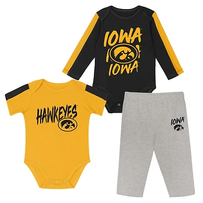 Infant Outerstuff Black/Gold Iowa Hawkeyes Double Down Bodysuit and Pants 3-Piece Set