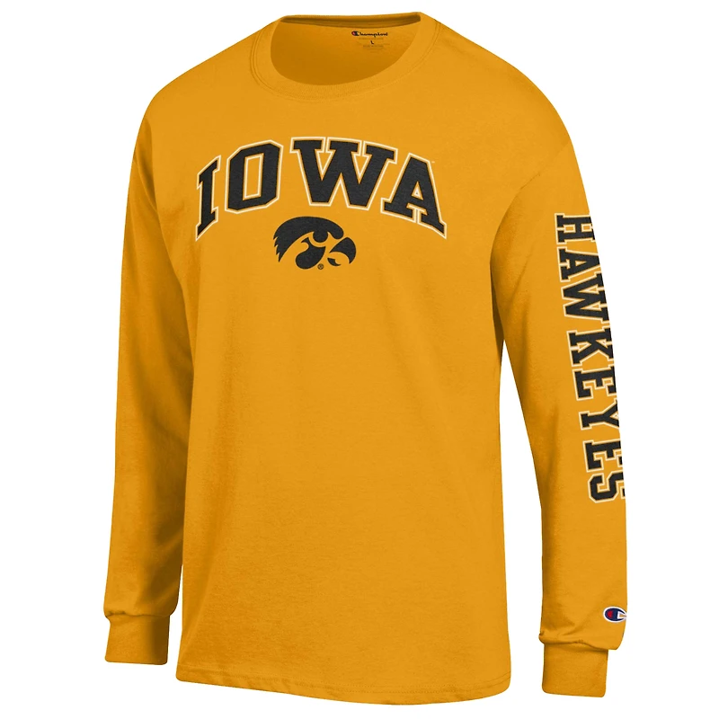 Men's Champion  Gold Iowa Hawkeyes Arch Over Logo 2-Hit Long Sleeve T-Shirt