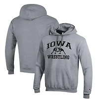 Sweat à capuche Champion gris pour homme, modèle iconique de la lutte des Iowa Hawkeyes.