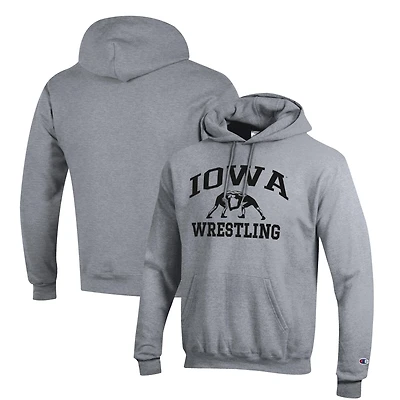 Sweat à capuche Champion gris pour homme, modèle iconique de la lutte des Iowa Hawkeyes.