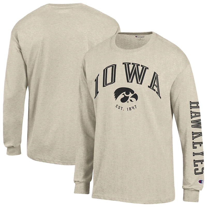 Men's Champion  Heather Oatmeal Iowa Hawkeyes Neutral Arch Long-Sleeve T-Shirt