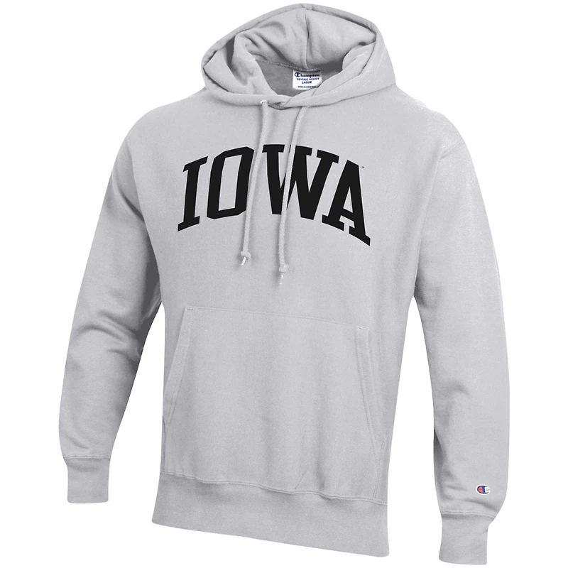 Men's Champion Heathered Gray Iowa Hawkeyes Team Arch Reverse Weave Pullover Hoodie