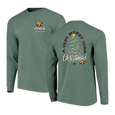 Men's  Green Iowa Hawkeyes Comfort Colors Merry Christmas Tree Long Sleeve T-Shirt