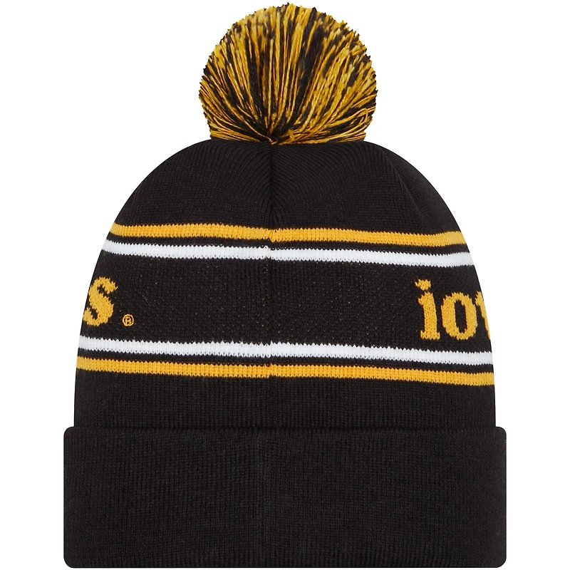 Bonnet en tricot à revers pour hommes New Era noir Iowa Hawkeyes Marquee avec pompon