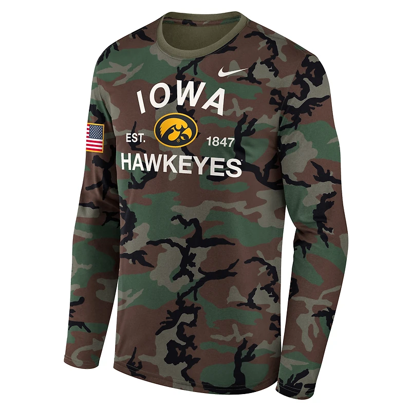 T-shirt à manches longues Nike Camo Iowa Hawkeyes 2025 Military Appreciation Legend Dri-FIT pour homme