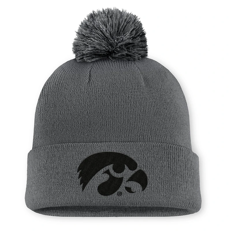 Bonnet en tricot à revers Nike Iowa Hawkeyes Primetime Peak Campus pour homme, couleur charbon, avec pompon