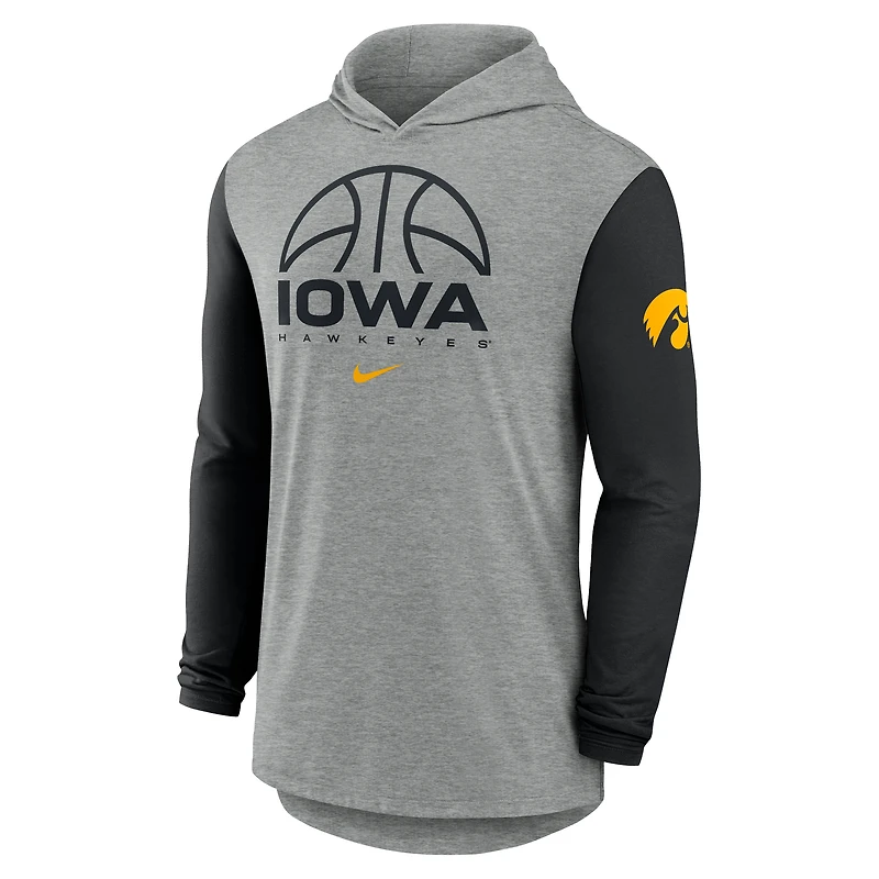 T-shirt à capuche et manches longues Nike Iowa Hawkeyes gris/noir pour homme, color-block, motif tri-blend Dri-FIT