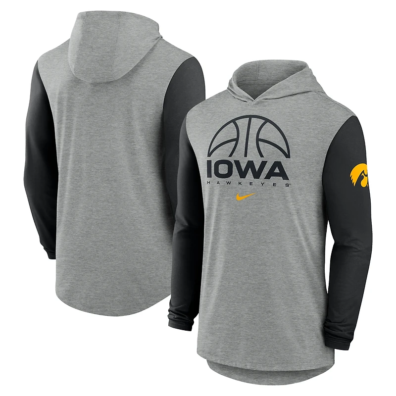 Men's Nike Gray/Black Iowa Hawkeyes Basketball Color-Block Tri-Blend Dri-FIT Long Sleeve Hoodie T-Shirt