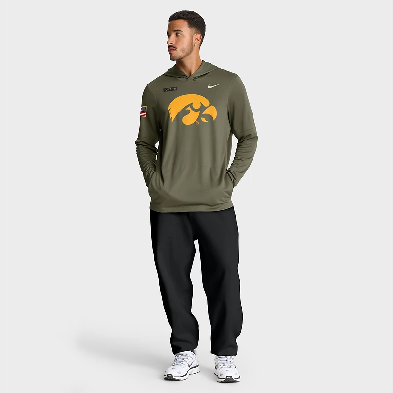Men's Nike Olive Iowa Hawkeyes 2025 Military Appreciation Dri-FIT Long Sleeve Hoodie T-Shirt
