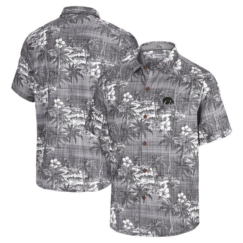 Men's Tommy Bahama Black Iowa Hawkeyes Coconut Point Palmetta IslandZone Camp Button-Up Shirt