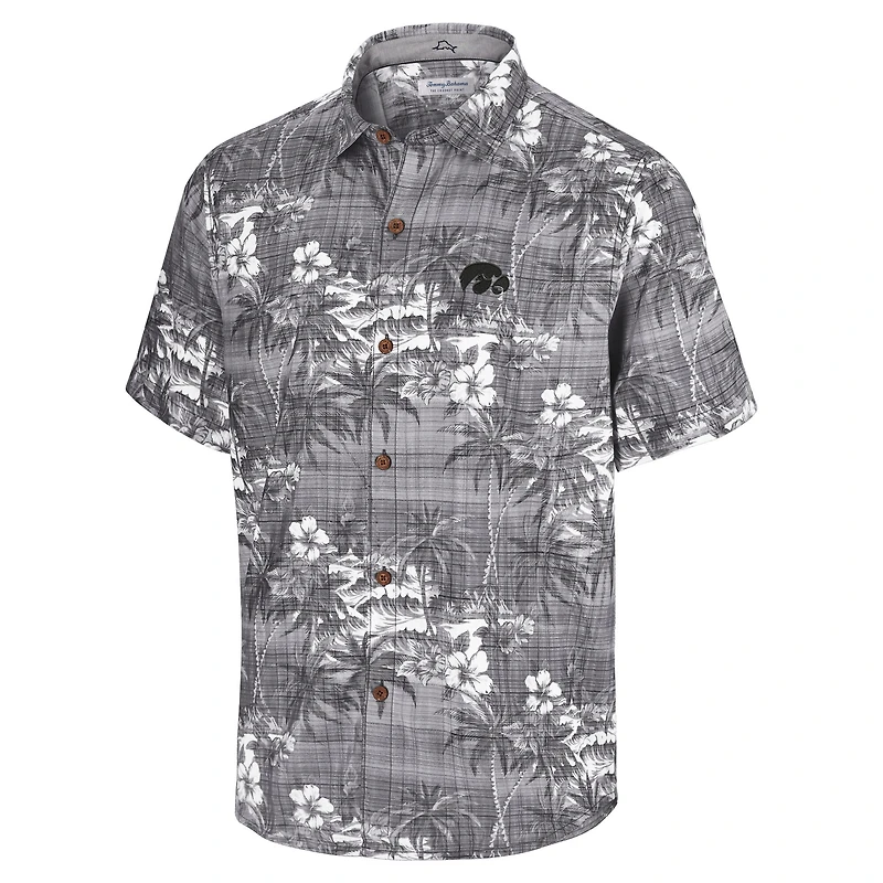 Men's Tommy Bahama Black Iowa Hawkeyes Coconut Point Palmetta IslandZone Camp Button-Up Shirt
